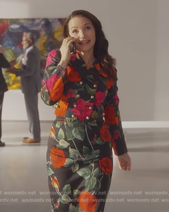 Charlotte's black floral print pencil skirt and jacket on And Just Like That