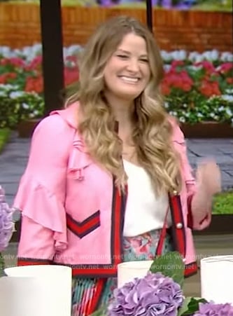 Christine Stembel's pink contrast ruffle blouse on Live with Kelly and Mark