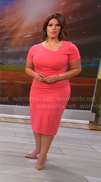 Dana Jacobson's coral asymmetric dress on CBS Mornings