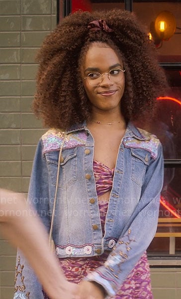 Elle's purple ruched dress and sequin denim jacket on her date with Tao on Heartstopper