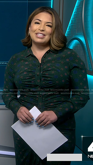 Gilma Avalos's green floral ruched shirtdress on NBC News Daily