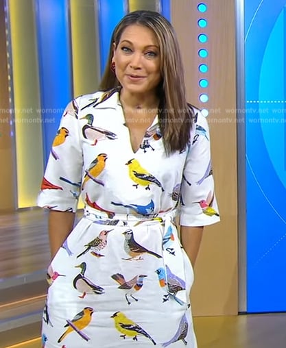 Ginger's white bird print dress on Good Morning America