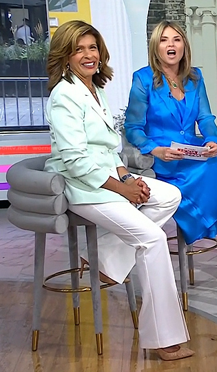 Hoda's mint green double breasted blazer and white slit pants on Today