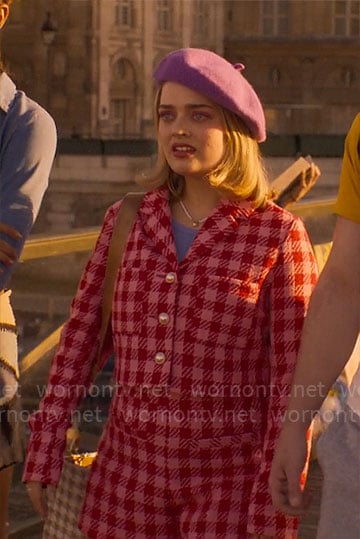 Imogen's red checked outfit in Paris on Heartstopper