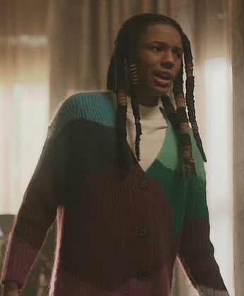 Jake's colorblock knit cardigan on The Chi