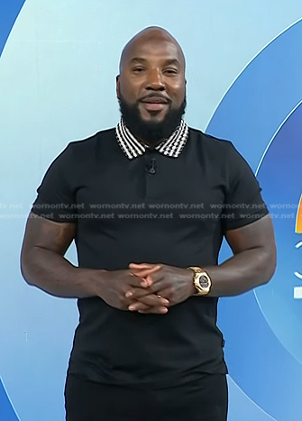 Jeezy's black houndstooth collar polo shirt on Today