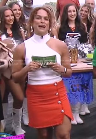 Jess Sims's white asymmetric top and red tweed skirt on Good Morning America