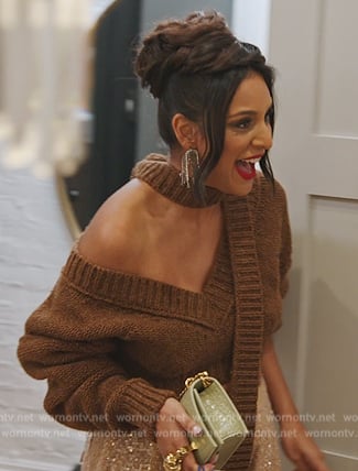 Jessel's brown off shoulder tie neck sweater on The Real Housewives of New York City