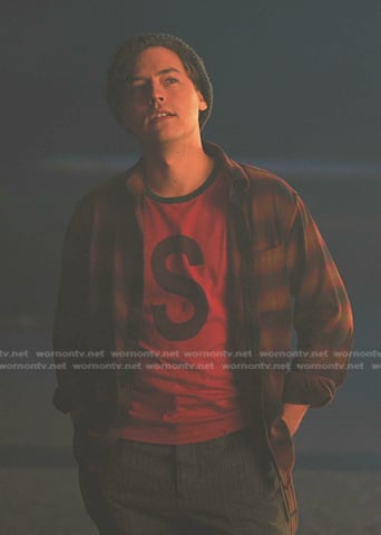 Jughead's orange plaid flannel shirt on Riverdale