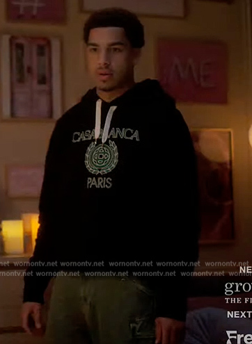 Junior's black casablanca print hoodie on Grown-ish