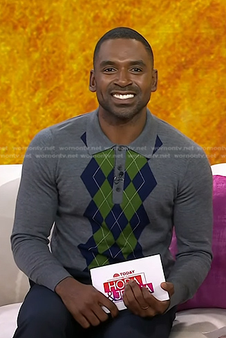 Justin's grey argyle polo sweater on Today
