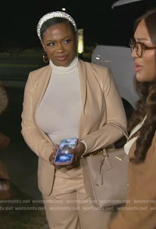 Kandi's beige leather blazer and jogger pants on The Real Housewives of Atlanta