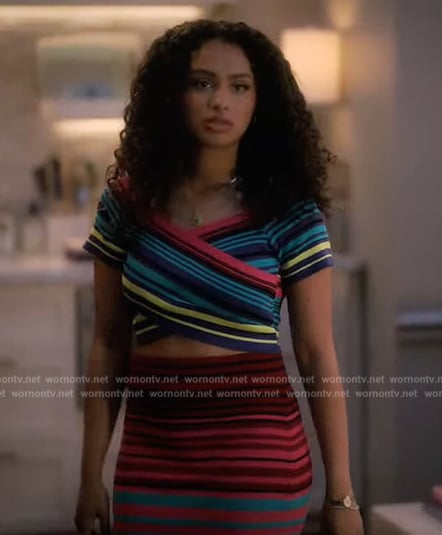 Kiela's striped off shoulder crop top and skirt on Grown-ish