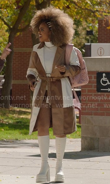 Kourtney's brown colorblock leather coat and white platform boots on High School Musical The Musical The Series