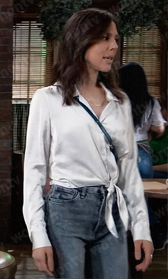 Kristina's grey satin tie front shirt on General Hospital
