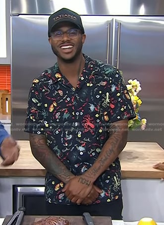 Kwame Onwuachi's black print shirt on Today