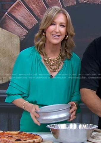 Lara's green tie neck blouse on Good Morning America