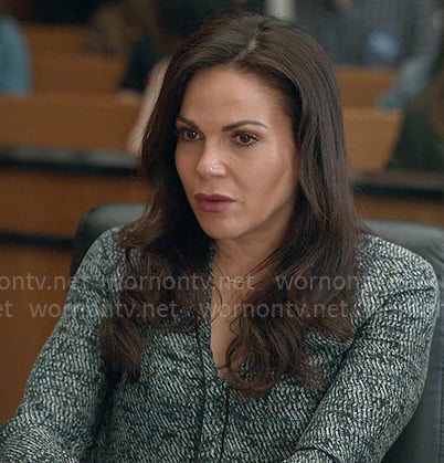 Lisa's printed green v-neck blouse on The Lincoln Lawyer