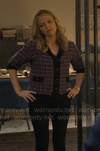 Lorna's pink cardigan with black trim on The Lincoln Lawyer