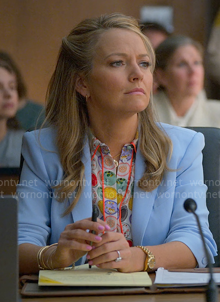 Lorna's printed button down blouse and light blue blazer on The Lincoln Lawyer