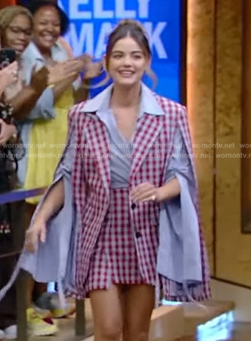 Lucy Hale's check print layered jacket and skirt on Live with Kelly and Mark