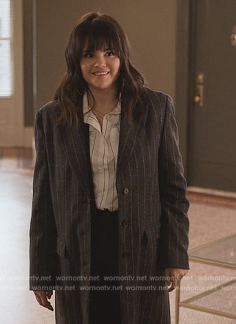 Mabel's black pinstripe coat on Only Murders in the Building