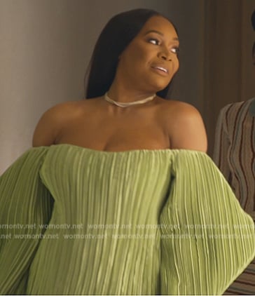 Marlo's green off shoulder pleated mini dress on The Real Housewives of Atlanta