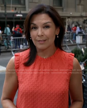 Meg Oliver's red ruffled swiss dot top on CBS Evening News