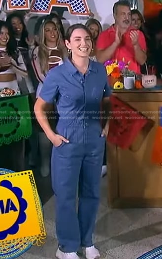 Mika Leon's blue short sleeve denim jumpsuit on Good Morning America