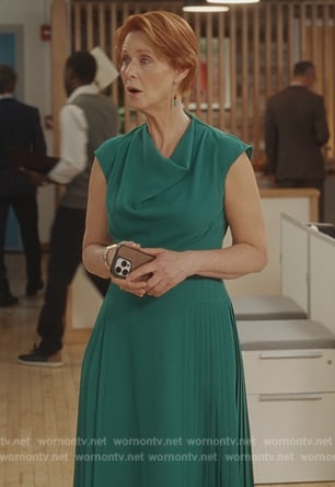Miranda's green cowl neck dress on And Just Like That