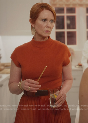 Miranda's red pleated sweater dress on And Just Like That