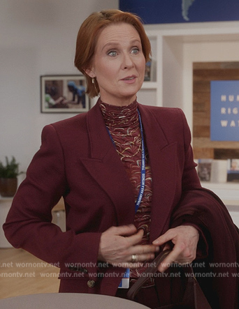 Miranda's burgundy printed mesh top on And Just Like That