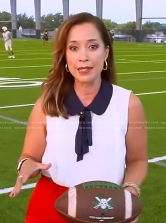 Mireya Villarreal's white contrast collar tie neck top on Good Morning America