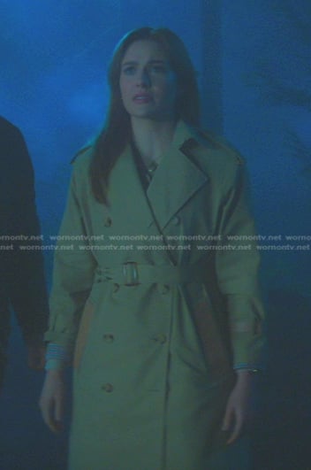 Nancy's beige leather trim trench coat on Nancy Drew