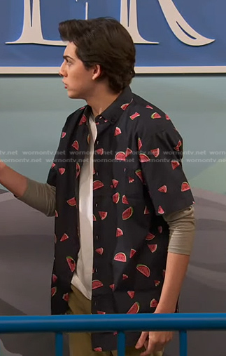 Neil's black watermelon print shirt on Ravens Home