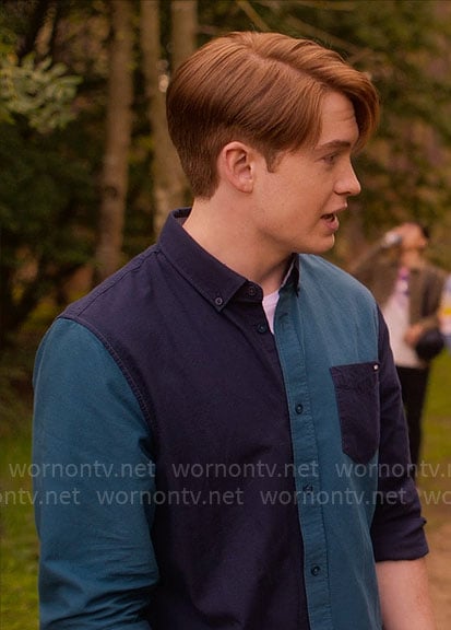 Nick's teal and blue colorblock shirt on Heartstopper