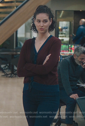Rian's maroon and navy cardigan on Billions