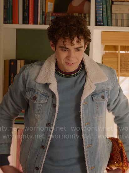 Ricky's blue striped neck sweater and denim jacket on High School Musical The Musical The Series