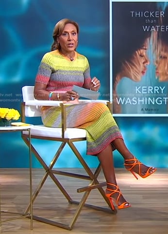 Robin's multicolor ribbed dress and orange strappy sandals on Good Morning America