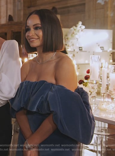 Sai's blue velvet off shoulder ruffle dress on The Real Housewives of New York City