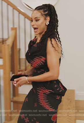 Sai's black printed ruffle dress on The Real Housewives of New York City