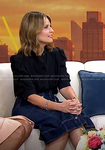 Savannah's black puff sleeve blouse and denim skirt on Today