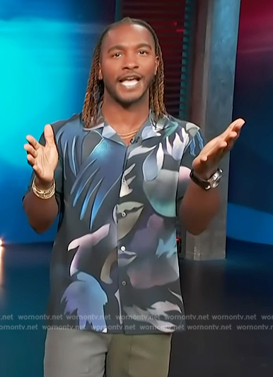 Scott's blue floral print shirt on Access Hollywood
