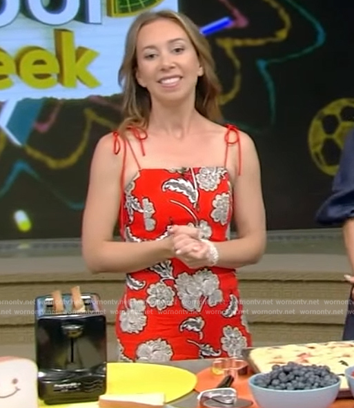Shannon Doherty's red floral print jumpsuit on Live with Kelly and Mark