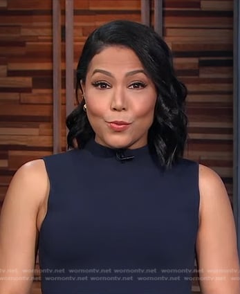 Stephanie's navy mock neck pleated dress on Good Morning America