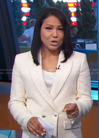 Stephanie's white textured double breasted blazer on Good Morning America