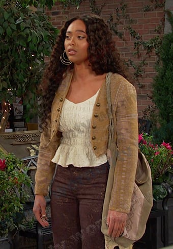 Talia's white textured top and brown jacket on Days of our Lives