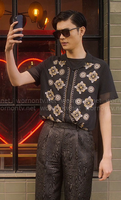 Tao's sheer black embroidered shirt on his date with Elle on Heartstopper