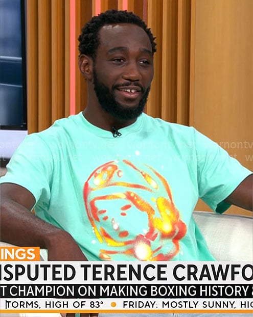 Terence Crawford's aqua graphic t-shirt on CBS Mornings