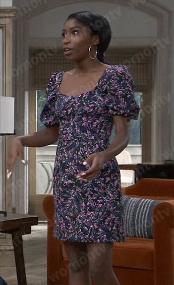 Trina's black floral puff-sleeve dress on General Hospital